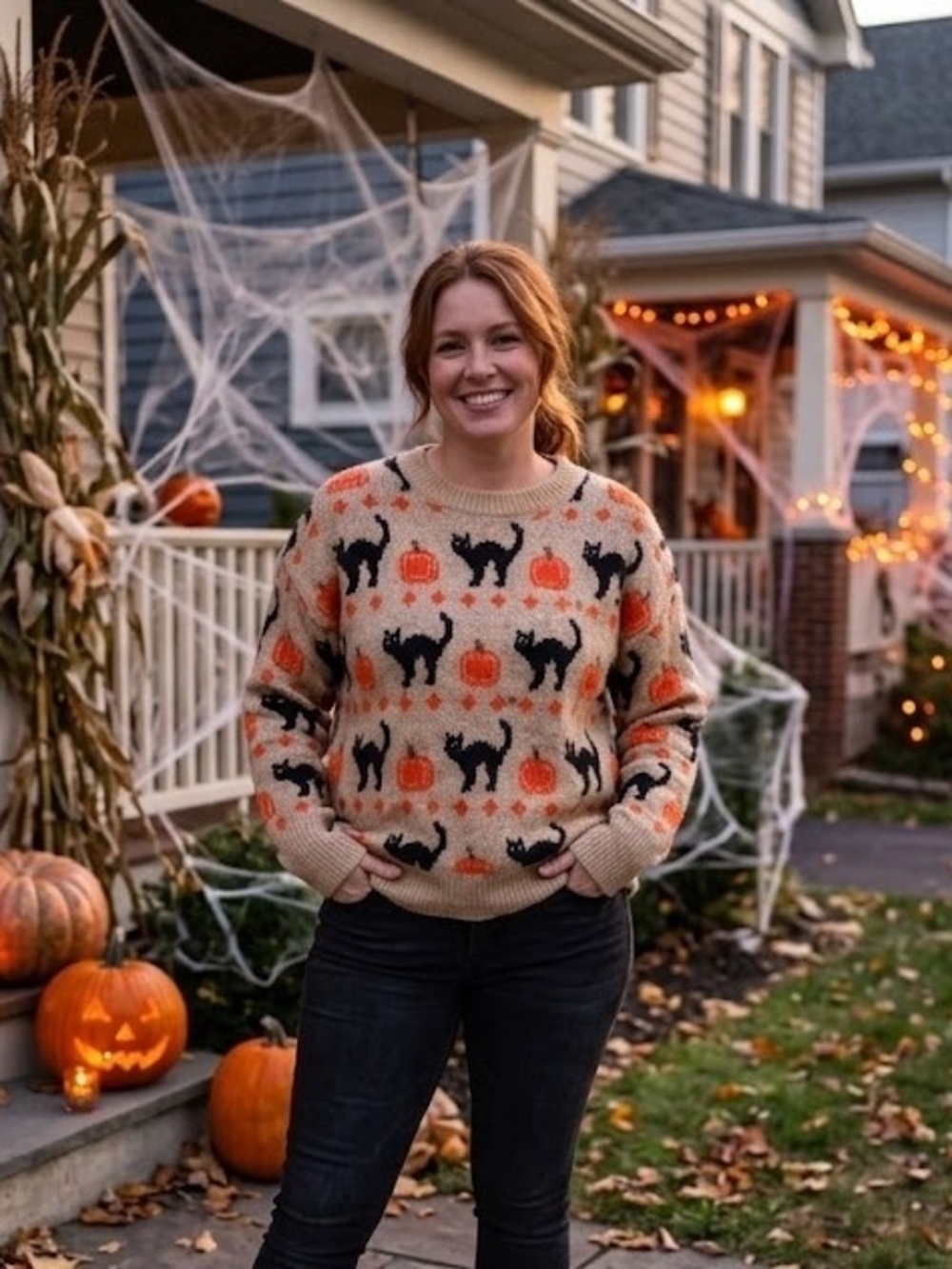 Vince Camuto Beige Halloween Sweater with Black Cats & Orange Pumpkins